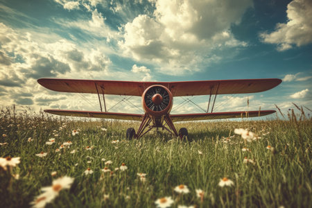 A vintage biplane sits peacefully on a grassy field filled with vibrant flowers, basking in the warmth of a sunny day with blue skies above.の素材