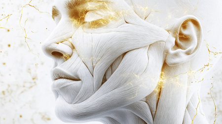 Detailed anatomical illustration reveals the complexity of facial muscles and contours, highlighting their role in expression and structure.の素材