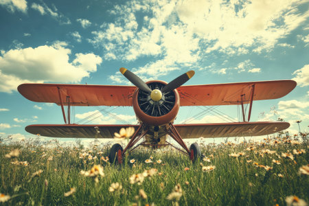 A vintage biplane sits gracefully on a lush grassy field, surrounded by vibrant flowers, enjoying the warmth of the sunny sky.の素材