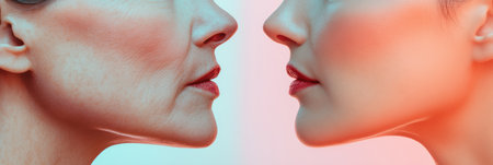 Two faces are positioned closely, one showing signs of aging while the other displays smooth, youthful skin. The setting suggests a calm backdrop.の素材