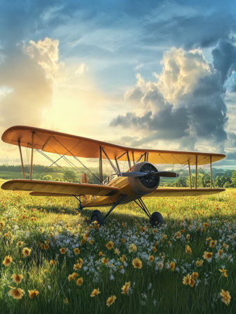 A vibrant biplane sits on a lush green field covered in colorful flowers, capturing the essence of a sunny afternoon.の素材