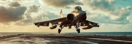 Fighter jet accelerates from an aircraft carrier surrounded by ocean waves as the sun sets, illuminating the sky with warm colors.の素材