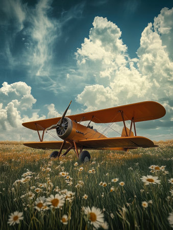 A vintage biplane sits gracefully on a grassy field, adorned with blooming flowers, basking under a clear blue sky filled with clouds.の素材