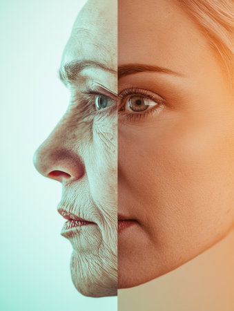 Two faces are side by side, showing the difference between youthful smooth skin and visible aging signs, highlighting times impact.の素材