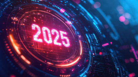 A sleek digital calendar displays the year 2025, featuring vibrant neon colors and advanced technology elements in a futuristic design.の素材