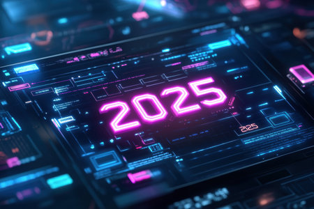 A sleek digital calendar highlights the year 2025, featuring a vibrant interface with glowing numbers and futuristic elements.の素材