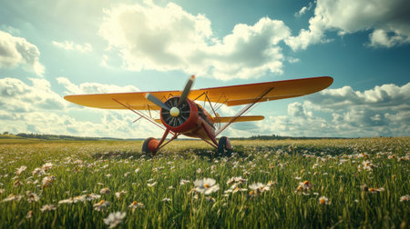 A colorful vintage biplane rests on a vibrant grassy field filled with flowers beneath a clear, sunny sky, creating a scenic view.の素材