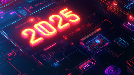 A sleek and vibrant digital calendar showcases the year 2025, illuminated by neon lights and integrated into a high tech interface design.の素材