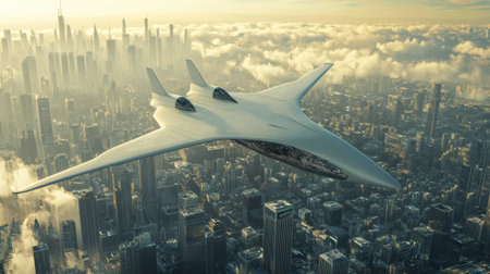A sleek airplane glides through the sky, navigating above a captivating sci fi city filled with towering skyscrapers at twilight.の素材