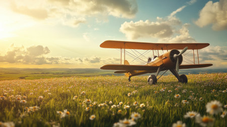 A classic biplane sits gracefully in a lush green field filled with colorful flowers as the sun shines brightly in the sky.の素材