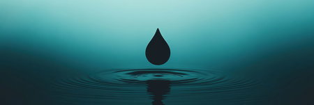 A dark water droplet falls into a tranquil surface, creating concentric ripples in a soothing blue setting at twilight.の素材