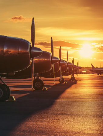 Rustic planes stand ready on a classic airfield as the sun sets, casting warm hues across the sky and enhancing nostalgic vibes.の素材