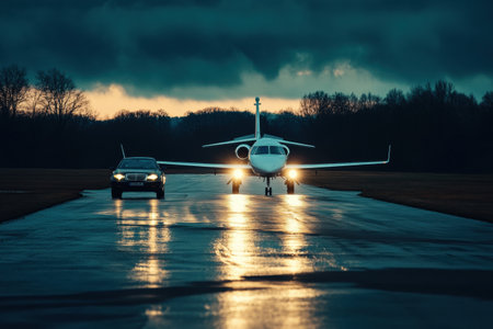 Luxury private jet is positioned on a runway during dusk, illuminated by runway lights, with a limousine parked close by.の素材