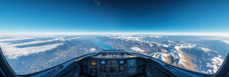 Sweeping view from the cockpit displays majestic mountains, a serene lake, and expansive blue skies during daytime travel.の素材