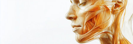 Anatomical representation showing the muscles and contours of the facial area, emphasizing structure and functional relevance for study.の素材