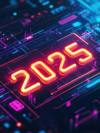 A sleek digital calendar shows the year 2025 highlighted in neon colors, reflecting a modern and advanced aesthetic in technology.の素材