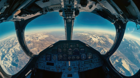 Capturing the perspective from the cockpit, the flight provides a stunning view over majestic mountain ranges and clear skies.の素材