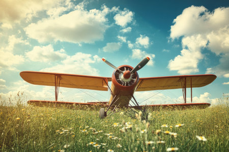 A vintage biplane rests on a lush grassy field, bathed in sunlight and bordered by bright flowers under a clear blue sky.の素材
