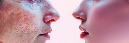 Two faces are positioned closely, one showing signs of aging and the other appearing youthful, emphasizing the passage of time.の素材