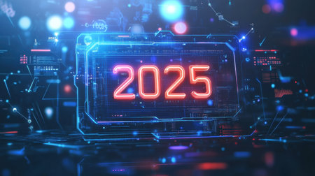 A sleek digital display presents the year 2025, illuminated by bright neon colors and surrounded by intricate tech designs and patterns.の素材