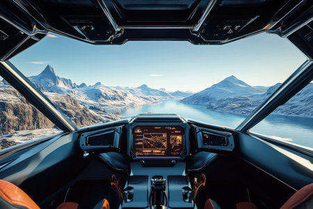 A breathtaking cockpit offers a panoramic view of a peaceful river and majestic snow capped mountains illuminated by early morning light.の素材