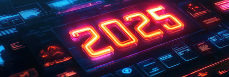 Digital calendar highlights the year 2025 with a modern interface filled with glowing graphics, blending technology and style seamlessly.の素材
