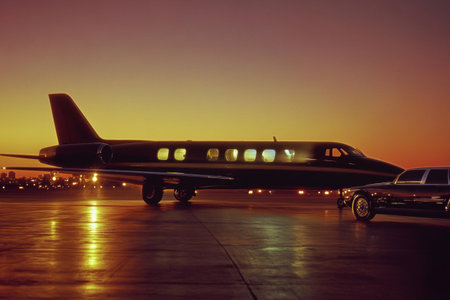 A luxury private jet awaits on the runway during dusk while a sleek limousine is parked nearby under a colorful sunset.の素材