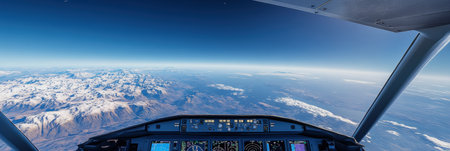Mountains stretch across the landscape under a clear blue sky while inside the cockpit, pilots monitor flight instruments during the journey.の素材