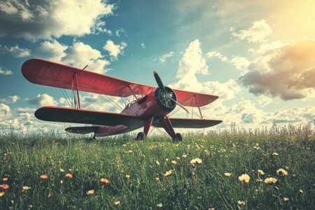 A vintage biplane rests on a grassy field adorned with colorful flowers while soft clouds drift across a bright sky in the background.の素材