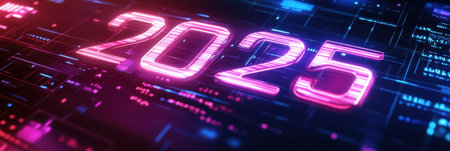 A sleek digital calendar showcases the year 2025 with bold, illuminated numbers against a high tech background featuring abstract patterns.の素材