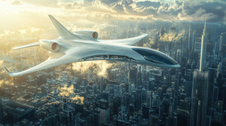 A sleek futuristic airplane soars high above a vibrant sci fi cityscape, capturing the essence of advanced aerospace design at dusk.の素材