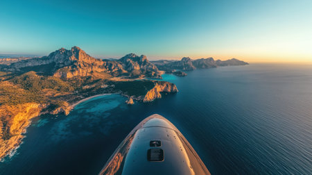 Breathtaking view showcases a coastline with turquoise waters and mountainous terrain during a vibrant sunset.の素材