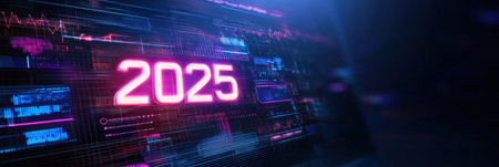 A sleek digital calendar displays the year 2025, featuring vibrant neon colors and futuristic design elements in a modern setting.の素材