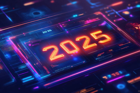 A digital calendar showcases the year 2025 with bright, glowing elements set against a high tech background full of vibrant colors.の素材