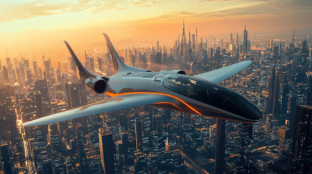 A sleek, futuristic airplane soars gracefully above a sprawling sci fi city, illuminated by the warm glow of a setting sun.の素材