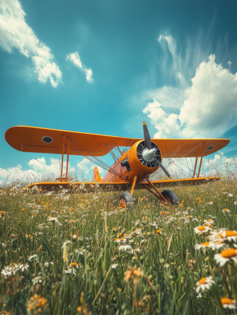 A vintage biplane sits gracefully on a grassy field, embraced by colorful wildflowers, while the sky showcases gentle clouds.の素材