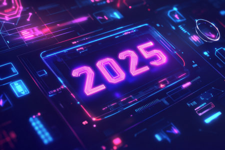 Futuristic digital calendar presents the year 2025 with luminous colors and advanced design elements, showcasing modern technology.の素材