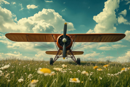A vintage biplane is parked in a lush grassy field, with wildflowers blooming around it, while the sun shines brightly overhead.の素材