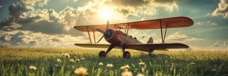 A vintage biplane sits on a grassy field adorned with colorful flowers while sunlight filters through fluffy clouds creating a warm ambiance.の素材