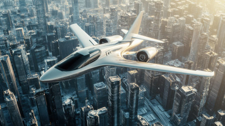 A sleek, futuristic airplane glides gracefully above a sprawling sci fi cityscape bathed in warm golden light, showcasing advanced technology.の素材