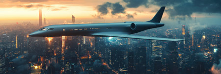 A sleek, advanced airplane soars above a sprawling futuristic city, illuminated by dawn light and sparkling skyscrapers.の素材