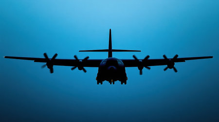 An airplane silhouette showcases its streamlined design against a vibrant twilight sky, transcending the peaceful evening atmosphere.の素材