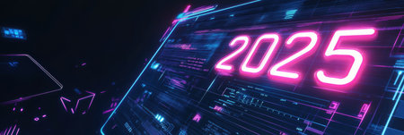 Futuristic digital calendar showcases the year 2025 with vibrant neon aesthetics and high tech elements, enhancing modern organizational needs.の素材