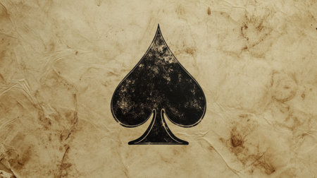 A worn playing card displays a prominent spade symbol against an aged, textured backdrop, showing its rustic charm.の素材