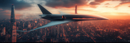 A sleek futuristic airplane glides through the sky above a glowing sci fi city as the sun sets, casting colorful hues across the horizon.の素材
