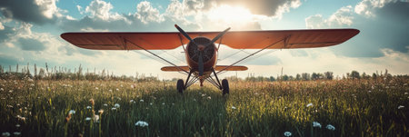 The vintage biplane sits quietly in a grassy field, surrounded by vibrant flowers while a bright sun shines above, creating a serene atmosphere.の素材