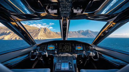 A pilot operates a modern aircraft, enjoying expansive views of rocky cliffs and clear blue waters under a sunny sky.の素材