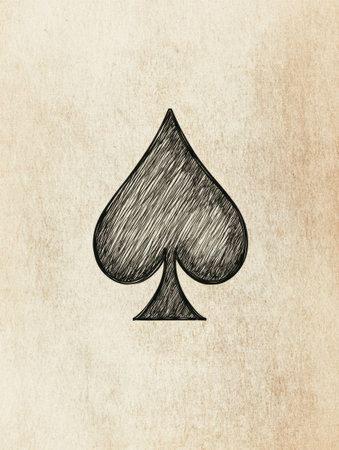 Black spade symbol sketched on a textured background evokes a sense of nostalgia for card games and playful competition.の素材