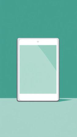 A sleek tablet stands upright on a smooth, light colored surface, highlighting its minimalist design in a bright room.の素材