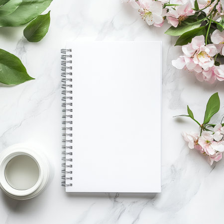 Fresh flowers and a blank notebook are placed on a marble tabletop, creating a calming and inspiring workspace for creativity.の素材